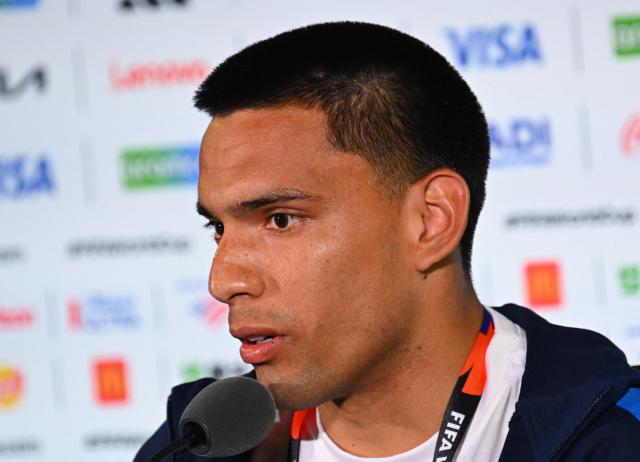Paraguay's midfielder Diego Gomez gives a press conference at Los Angeles Stadium in Inglewood on June 11, 2026, on the eve of the 2026 World Cup football match between USA and Paraguay. (Photo by Patrick T. Fallon / AFP)