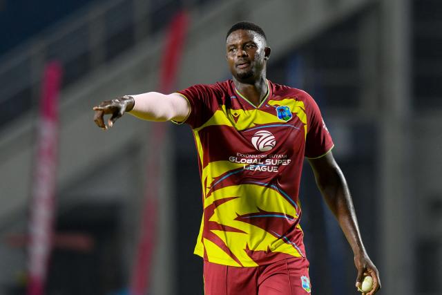 Jason Holder of West Indies reacts after taking 3 wickets for 18 runs during the first Twenty20 (T20) international cricket match between West Indies and Sri Lanka at Sabina Park in Kingston, Jamaica, on June 11, 2026. (Photo by Randy Brooks / AFP)