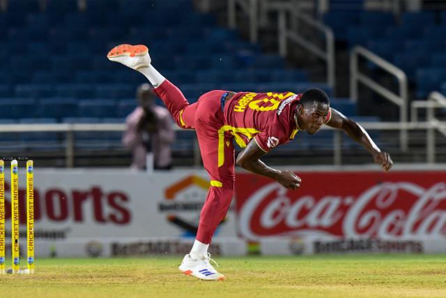 Shamar Joseph of West Indies takes 3 wickets for 29 runs during the first Twenty20 (T20) international cricket match between West Indies and Sri Lanka at Sabina Park in Kingston, Jamaica, on June 11, 2026. (Photo by Randy Brooks / AFP)