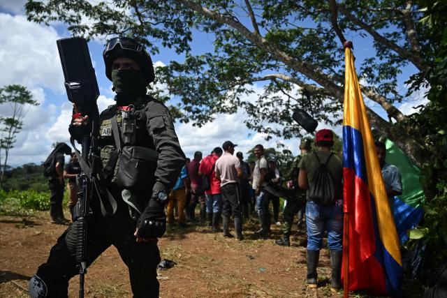 Colombian farmers and police officers take part in an eradication operation aimed at subtituting illicit crop substitution in the municipality of Villagarzon, Putumayo department, Colombia, on June 11, 2026. (Photo by Raul ARBOLEDA / AFP)