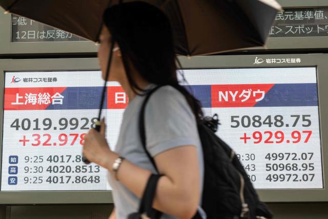 A woman passes a board showing the current levels of different exchanges around the world along a street in Tokyo on June 12, 2026. Japan's Nikkei share index soared more than four percent on June 12 after US President Donald Trump withdrew his threat of further strikes against Iran and said a deal to end the war could be signed in coming days. (Photo by Andrew CABALLERO-REYNOLDS / AFP)