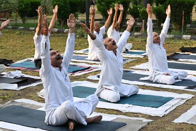 People perform yoga at a garden in Amritsar on June 12, 2026. (Photo by Narinder NANU / AFP)
