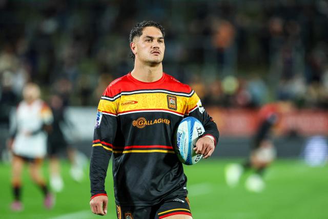 Chiefs' Quinn Tupaea looks on during the Super Rugby semi-final match between the Waikato Chiefs and Canterbury Crusaders at FMG Stadium in Hamilton on June 12, 2026. (Photo by DJ MILLS / AFP)