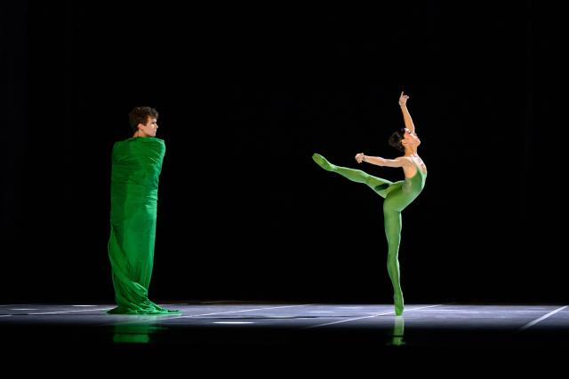 Dancers of the Bejart Ballet Lausanne perform "La Route de la soie" (The Silk Road) a major choreographic work imagined by Maurice Bejart, inspired by the spirit of travel and cultural exchange across Asia, during a dress rehearsal at the Theatre de Beaulieu in Lausanne, June 10, 2026. The show runs until June 14, 2026. (Photo by Fabrice COFFRINI / AFP)