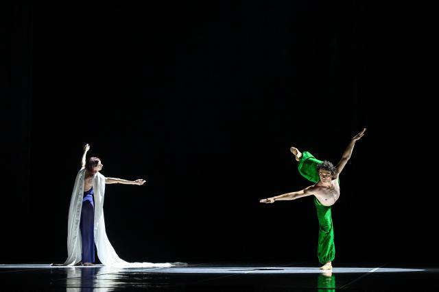 Dancers of the Bejart Ballet Lausanne perform "La Route de la soie" (The Silk Road) a major choreographic work imagined by Maurice Bejart, inspired by the spirit of travel and cultural exchange across Asia, during a dress rehearsal at the Theatre de Beaulieu in Lausanne, June 10, 2026. The show runs until June 14, 2026. (Photo by Fabrice COFFRINI / AFP)