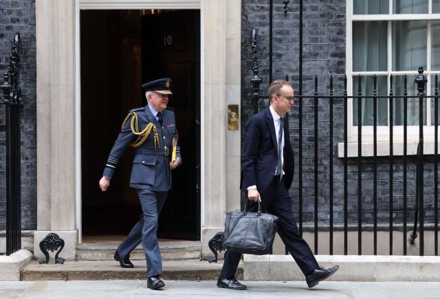 Britain's Chief of the Defence Staff Air Chief Marshal Richard Knighton (L) and Permanent Secretary at the Ministry of Defence (MOD), Jeremy Pocklington leave from 10 Downing Street, in central London on June 12, 2026. Former army officer Dan Jarvis was on June 11 named Britain's new defence minister, hours after John Healey quit, accusing the government of failing to commit enough money to protect the country. (Photo by Toby Shepheard / AFP)