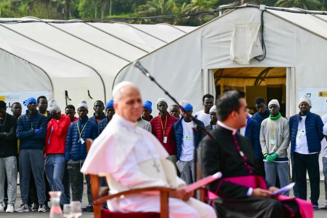 Pope Leo XIV meets with migrants at the “Las Raices" (The Roots) centre in San Cristobal de la Laguna, outside Santa Cruz de Tenerife on the Canary Island of Tenerife on June 12, 2026. Pope Leo XIV is on the final day of a seven-day trip to Spain, including Barcelona and the islands of Gran Canaria and Tenerife where he will meet with migrants and organisations dedicated to helping them. (Photo by Stefano RELLANDINI / AFP)