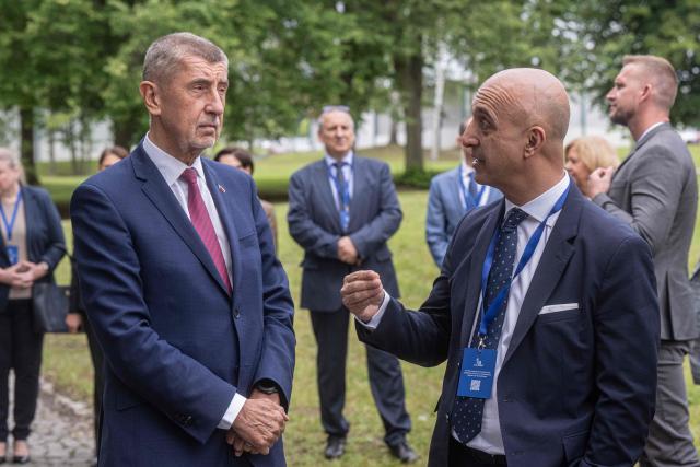 The CEO of Danish pharmaceutical group Novo Nordisk Mike Doustdar (R) talks to Czech prime Minister Andrej Babis during the opening of Novo Nordisk's new manufacturing facility in Bohumil village, near Prague, Czech Republic, on June 12, 2026. (Photo by Michal Cizek / AFP)