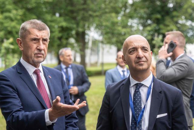 The CEO of Danish pharmaceutical group Novo Nordisk Mike Doustdar (R) stands next to Czech prime Minister Andrej Babis during the opening of Novo Nordisk's new manufacturing facility in Bohumil village, near Prague, Czech Republic, on June 12, 2026. (Photo by Michal Cizek / AFP)