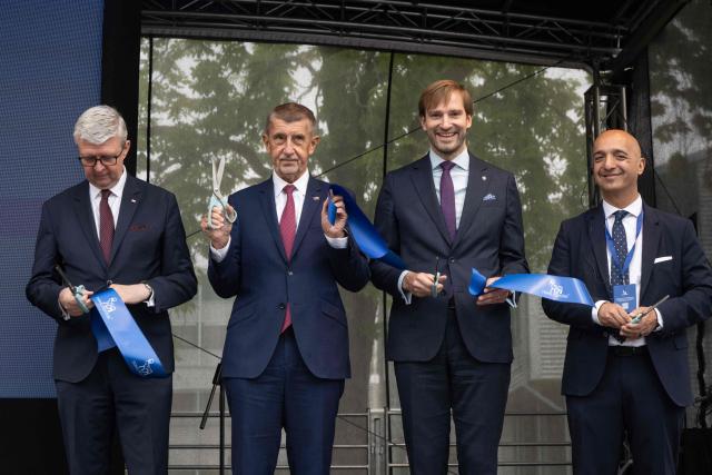 (L-R) Czech Minister of Industry and Trade Karel Havlicek, Czech Prime Minister Andrej Babis, Czech Health Minister Adam Vojtech and the CEO of Danish pharmaceutical group Novo Nordisk, Mike Doustdar answer journalists during the opening of Novo Nordisk's new manufacturing facility in Bohumil village, near Prague, Czech Republic, on June 12, 2026. (Photo by Michal Cizek / AFP)