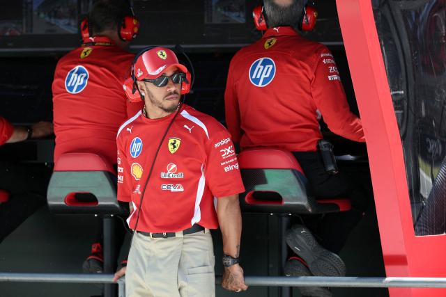 Ferrari's British driver Lewis Hamilton is seen during the first practice session at the Circuit de Catalunya ahead of the Catalonia Formula One Grand Prix in Montmelo, on the outskirts of Barcelona on June 12, 2026. (Photo by Lluis GENE / AFP)