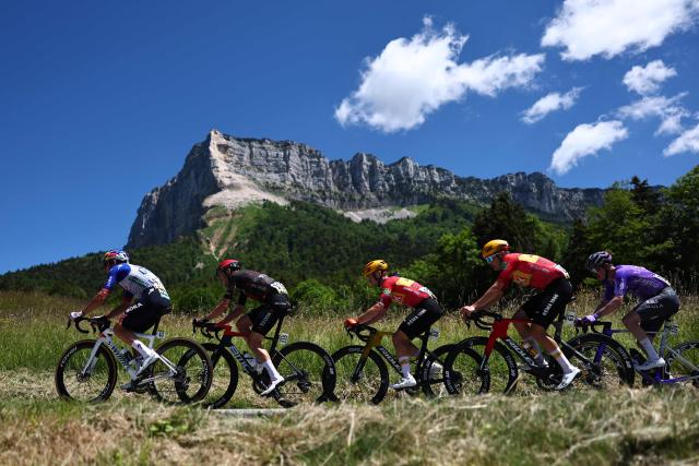 (From L) Red Bull - Bora - Hansgrohe's Belgian rider Gianni Vermeersch, Tudor Pro Cycling Team's Swiss rider Roland Thalmann, Uno-X Mobility's Norwegian rider Martin Urianstad Bugge, Uno-X Mobility's Danish rider Anthon Charmig and Team Jayco AlUla's German rider Felix Engelhardt cycle during the 6th stage of the Tour Auvergne-Rhone-Alpes cycling race (formerly known as the Criterium du Dauphine), 182,3km between Saint-Vulbas and Crest-Voland in the French Alps on June 12, 2026. (Photo by Anne-Christine POUJOULAT / AFP)