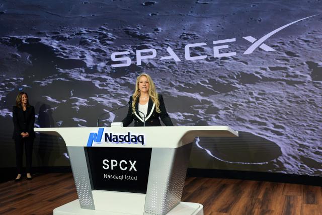 Gwynne Shotwell, SpaceX President and Chief Operating Officer, speaks before the launch of SpaceXs initial public offering (IPO) at the Nasdaq MarketSite in New York on June 12, 2026. Elon Musk's SpaceX begins trading on the Nasdaq exchange on Friday with the biggest initial public offering in history expected to make the polarizing entrepreneur the world's first trillionaire. The company priced more than 555 million shares at $135 each in a filing with the US markets regulator on Thursday, placing SpaceX in the top 10 of Wall Street's biggest companies with a valuation of just under $1.8 trillion -- ahead of Tesla, Facebook-owner Meta and Walmart. (Photo by TIMOTHY A. CLARY / AFP)