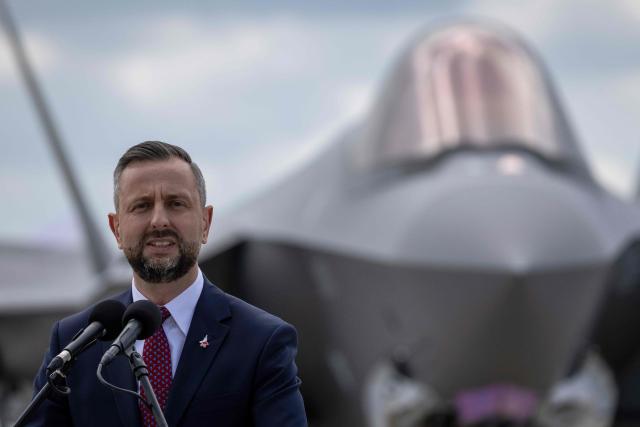 Poland's Deputy Prime Minister and Minister of Defence Wladyslaw Kosiniak Kamysz speaks during the ceremony for the official entry into service with the Polish Air Force of the first tree US-made F-35 aircrafts (Polish codename Husarz) on June 12, 2026, at the 32nd Tactical Air Base in Lask, central Poland. (Photo by Wojtek RADWANSKI / AFP)