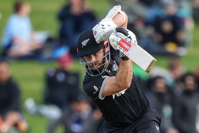 (FILES) New Zealand's Kane Williamson bats during the second one-day international (ODI) cricket match between New Zealand and England at Seddon Park in Hamilton on October 29, 2025. New Zealand's most prolific run-scorer and arguably greatest batsman Kane Williamson announced his immediate retirement from international cricket on June 12, 2026, in the middle of their series against England. (Photo by DJ MILLS / AFP)