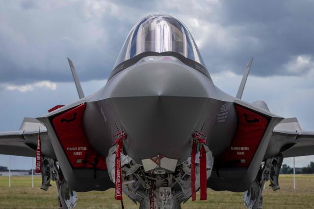 US-made F-35 aircraft (Polish codename Husarz) of the Polish Air Force is seen parked on the tarmac at the 32nd Tactical Air Base in Lask, central Poland, on June 12, 2026, on the day of their official entry into service with the Polish Air Force. (Photo by Wojtek RADWANSKI / AFP)