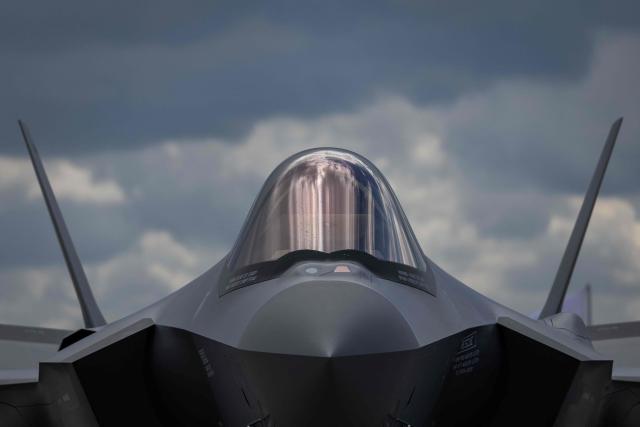 The nose and cockpit window of a US-made F-35 aircraft (Polish codename Husarz) of the Polish Air Force is pictured while parked on the tarmac at the 32nd Tactical Air Base in Lask, central Poland, on June 12, 2026, on the day of their official entry into service with the Polish Air Force. (Photo by Wojtek RADWANSKI / AFP)
