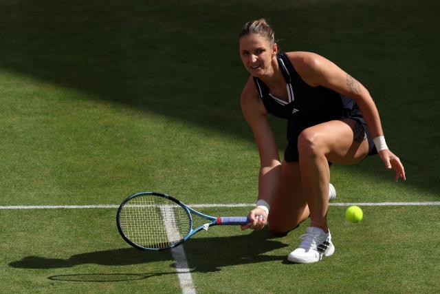 Czech Republic's Karolina Pliskova returns against Croatia's Donna Vekic during their women's singles quarter-final tennis match at the HSBC WTA Championships at Queen's Club in west London on June 12, 2026. (Photo by Adrian Dennis / AFP)