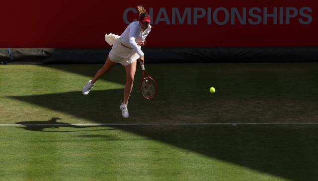 Croatia's Donna Vekic serves against Czech Republic's Karolina Pliskova during their women's singles quarter-final tennis match at the HSBC WTA Championships at Queen's Club in west London on June 12, 2026. (Photo by Adrian Dennis / AFP)