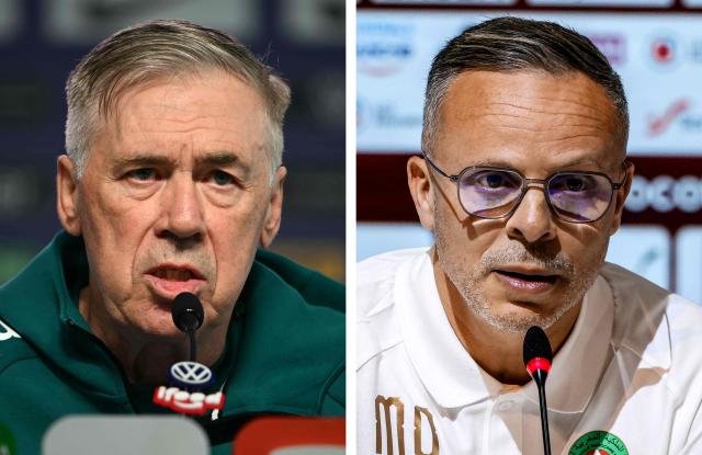 (COMBO) This combination of file photo created on June 12, 2026 shows Brazil's Italian head coach Carlo Ancelott in Teresopolis, Rio de Janeiro, on May 30, 2026 (L); Morocco's head coach Mohamed Ouahbi in Sale on May 26, 2026. Brazil and Morocco will meet in the 2026 World Cup Group C football match at the New York/New Jersey Stadium in East Rutherford on June 13, 2026. (Photo by Mauro PIMENTEL and Abdel Majid BZIOUAT / AFP)