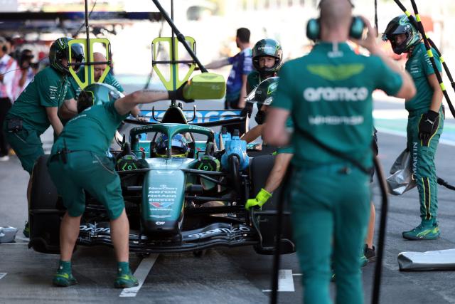 Aston Martin's Spanish driver Fernando Alonso is pictured in the pit lane during the second practice session at the Circuit de Catalunya ahead of the Catalonia Formula One Grand Prix in Montmelo, on the outskirts of Barcelona on June 12, 2026. (Photo by Lluis GENE / AFP)