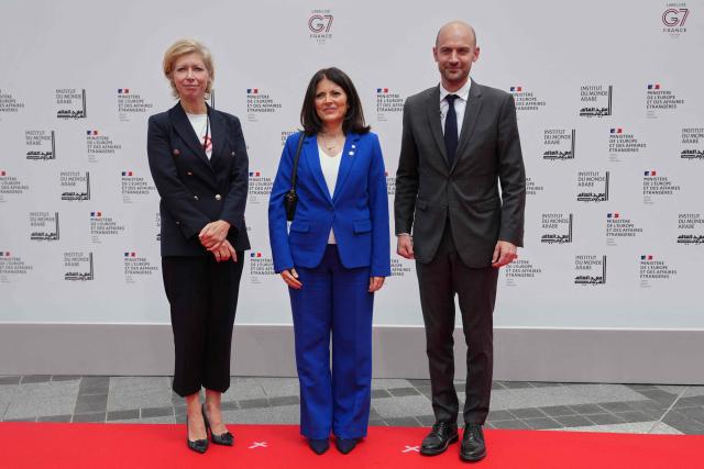 President of the Arab World Institute Anne-Claire Legendre European (L) and French Foreign Minister Jean-Noel Barrot (R) welcome Andorra's Minister of Foreign Affairs Imma Tor Faus (C) to a conference with Israeli and Palestinian civil society groups on a two-state solution at the Arab World Institute in Paris, on June 12, 2026. (Photo by Thibault Camus / POOL / AFP)