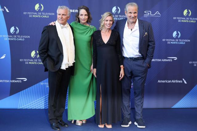 (From L) French actor Frederic Van Den Driessche, French actress Smadi Wolfman, Belgian actress Aurore Delplace and French co-Producer Fabrice Delville arrive for the opening ceremony of the 65th Monte-Carlo Television Festival in Monaco on June 12, 2026. (Photo by Valery HACHE / AFP)