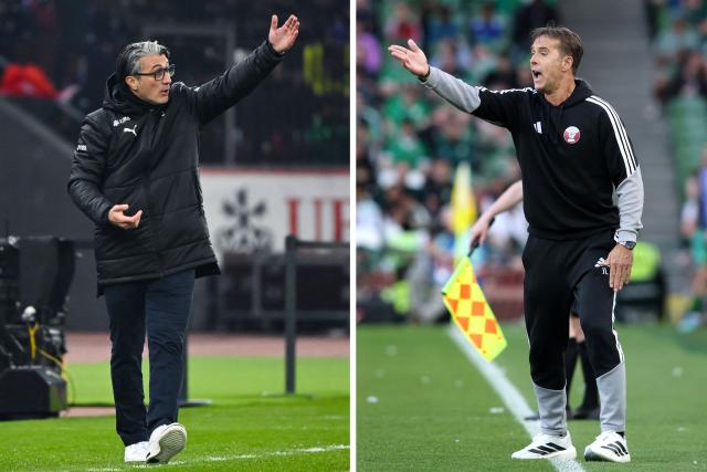 (COMBO) This combination of file photos created on June 12, 2026, shows Switzerland's head coach Murat Yakin in Zurich on November 15, 2024 (L); and Qatar's Spanish Manager Julen Lopetegui in Dublin, Ireland on May 28, 2026. Qatar and Switzerland will meet in a 2026 World Cup Group B football match at the San Francisco Bay Area Stadium in Santa Clara on June 13, 2026. (Photo by Fabrice COFFRINI and Paul FAITH / AFP)