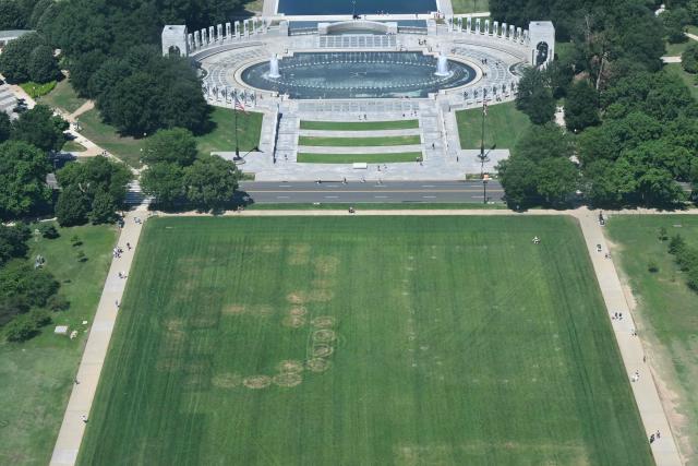 The numbers "86" are seen on the lawn on the National Mall in Washington, DC, on June 12, 2026. US Park Police opened an investigation on June 11 into giant markings of the numbers "8647" -- which have been associated with opposition to President Donald Trump -- on the grass of the National Mall. A spokesperson for the Department of the Interior, which manages the National Mall in downtown Washington, described the incident as "deranged vandalism" and said it "will not be tolerated." (Photo by Anne LEBRETON / AFP)