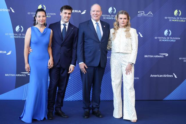 Son of Stephanie of Monaco Louis Ducruet (2L), his wife Marie Chevallier (L), Prince Albert II of Monaco (2R) and daughter of Stephanie of Monaco Camille Gottlieb arrive for the opening ceremony of the 65th Monte-Carlo Television Festival in Monaco on June 12, 2026. (Photo by Valery HACHE / AFP) / / NO TABLOIDS WEB & PRINT, NO DAILY MAIL, NO DAILY MAIL GROUP, NO VOICI, NO CLOSER