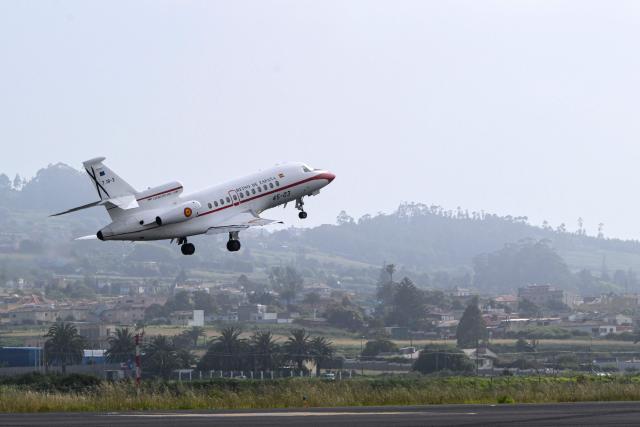 The Spanish Air Force Dassault Falcon 900B aircraft carrying Pope Leo XIV to Rome takes off following a delay of the first papal plane's takeoff due to an incident at Los Rodeos International Airport on the Canary Island of Tenerife on June 12, 2026. Pope Leo XIV will return to Rome from the Canary Islands today on a plane offered by Spanish King Felipe VI after his orginal aircraft suffered a technical glitch, the Vatican said. The flight is scheduled to depart Tenerife at 6 pm (1700 GMT) and arrive in Rome at around 11 pm, it said in a statement. (Photo by Simone Risoluti / AFP)