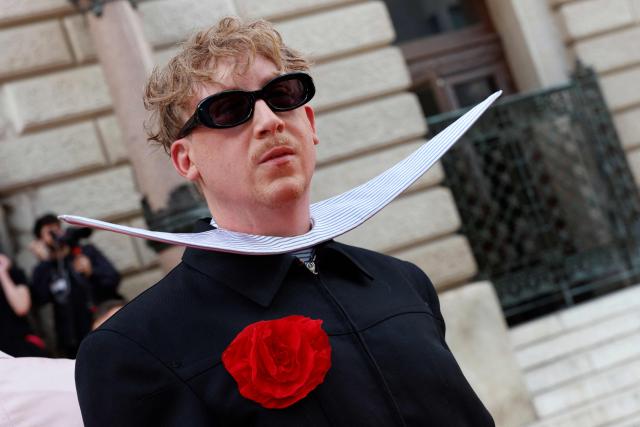 French singer and actor Eddy De Pretto poses ahead of the Fier Gala, a festive and charitable event to support LGBTQ+ rights, at the National Theatre of the Opera Comique in Paris on June 12, 2026. (Photo by Kenzo TRIBOUILLARD / AFP)