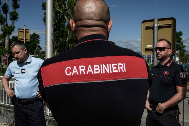 Members of the French Gendarmerie and Italian Carabinieri patrol together in the streets of Yvoire, on June 12, 2026 during a new Franco-Italian Operational Unit (UOFI) prior to the G7 Summit in Evian. (Photo by Jeff PACHOUD / AFP)