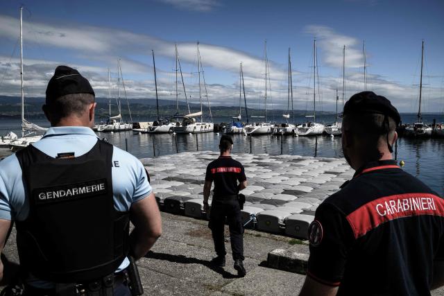 Members of the French Gendarmerie and Italian Carabinieri patrol together in the streets of Yvoire, on June 12, 2026 during a new Franco-Italian Operational Unit (UOFI) prior to the G7 Summit in Evian. (Photo by Jeff PACHOUD / AFP)