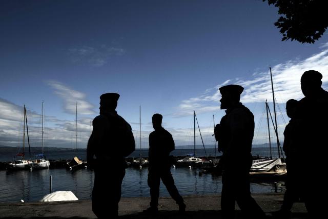 Members of the French Gendarmerie and Italian Carabinieri patrol together in the streets of Yvoire, on June 12, 2026 during a new Franco-Italian Operational Unit (UOFI) prior to the G7 Summit in Evian. (Photo by Jeff PACHOUD / AFP)