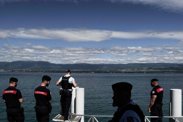 Members of the French Gendarmerie and Italian Carabinieri patrol together in the streets of Yvoire, on June 12, 2026 during a new Franco-Italian Operational Unit (UOFI) prior to the G7 Summit in Evian. (Photo by Jeff PACHOUD / AFP)