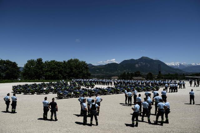 Members of the French gendarmerie motorcycle unit attend a general briefing as they prepare ahead of the  G7 Summit in Evian, on June 12, 2026 in La-Roche-sur-Foron. (Photo by Jeff PACHOUD / AFP)