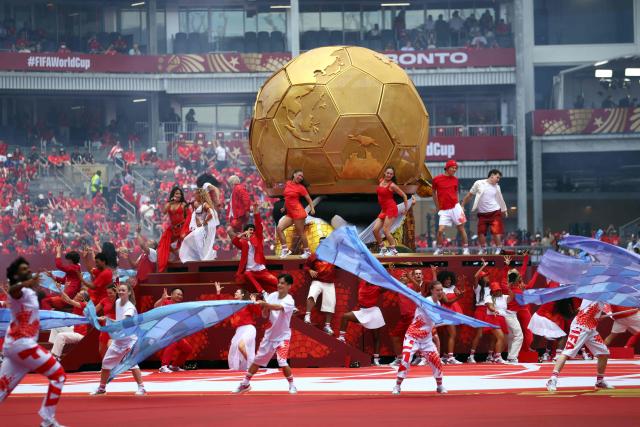 Artists perform during the opening ceremony of the 2026 World Cup football tournament ahead of the Group B football match between Canada and Bosnia and Herzegovina at Toronto Stadium in Toronto on June 12, 2026. (Photo by Cole Burston / AFP)