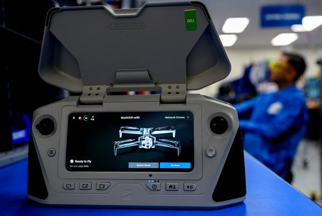 A remote controller for the X10 drone is seen at Skydio's manufacturing facility in Hayward, California, on June 12, 2026. (Photo by Josh Edelson / AFP)
