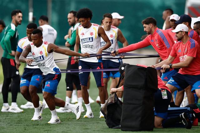 Colombia's players take part in a training session for the FIFA 2026 World Cup at the Academia Atlas FC in Guadalajara, Mexico on June 12, 2026. (Photo by Ulises RUIZ / AFP)