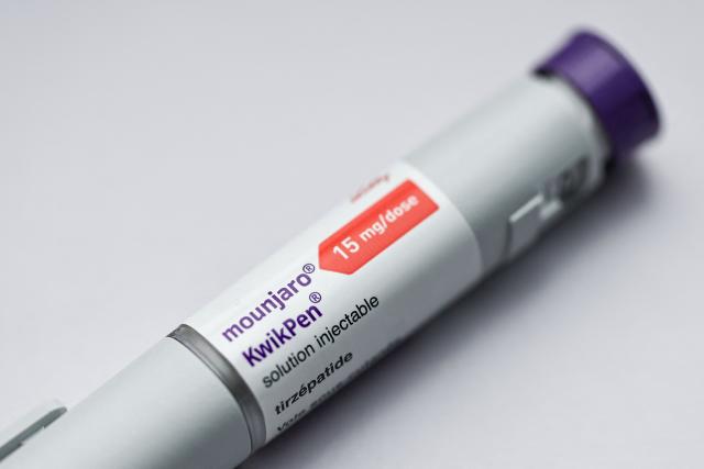 This photograph shows a KwikPen of the drug Mounjaro, containing the active ingredient tirzepatide, used in the treatment of obesity, at the Valenciennes Hospital Centre (Centre Hospitalier de Valenciennes) in Valenciennes, northern France on June 12, 2026. (Photo by Sameer Al-DOUMY / AFP)