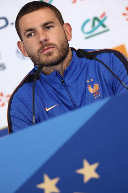 France's defender #21 Lucas Hernandez gives a press conference at Bentley University, the team's base camp, during the 2026 World Cup football tournament in Boston on June 12, 2026. (Photo by FRANCK FIFE / AFP)