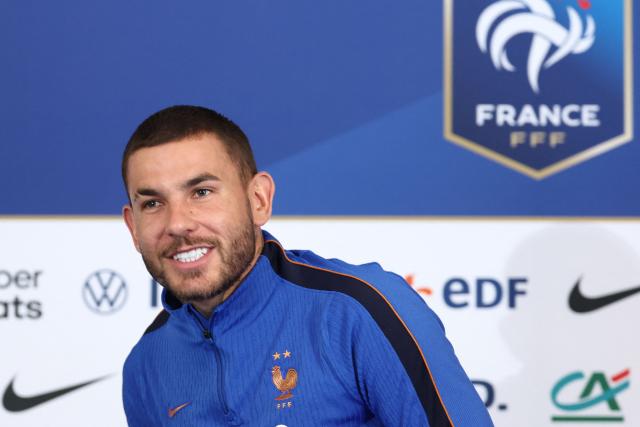 France's defender #21 Lucas Hernandez gives a press conference at Bentley University, the team's base camp, during the 2026 World Cup football tournament in Boston on June 12, 2026. (Photo by FRANCK FIFE / AFP)