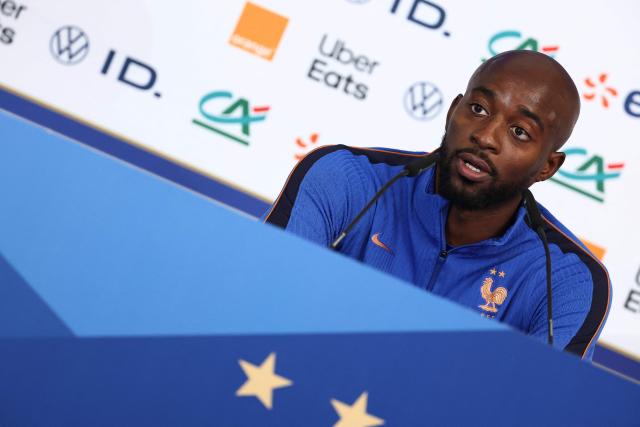France's forward #22 Jean-Philippe Mateta gives a press conference at Bentley University, the team's base camp, during the 2026 World Cup football tournament in Boston on June 12, 2026. (Photo by FRANCK FIFE / AFP)