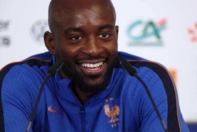 France's forward #22 Jean-Philippe Mateta gives a press conference at Bentley University, the team's base camp, during the 2026 World Cup football tournament in Boston on June 12, 2026. (Photo by FRANCK FIFE / AFP)