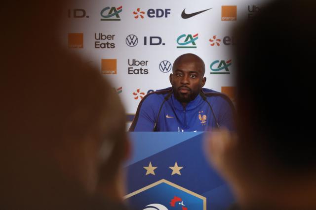 France's forward #22 Jean-Philippe Mateta gives a press conference at Bentley University, the team's base camp, during the 2026 World Cup football tournament in Boston on June 12, 2026. (Photo by FRANCK FIFE / AFP)