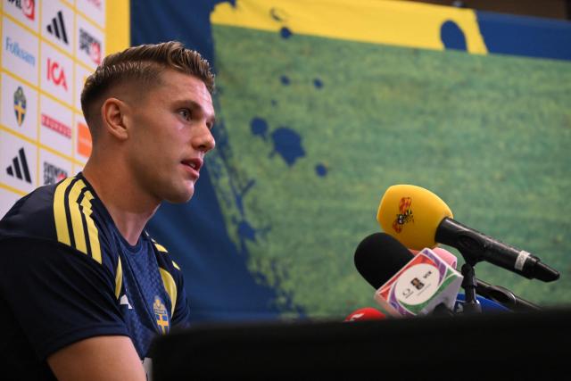Sweden's forward #17 Viktor Gyokeres gives a press conference during the 2026 World Cup football tournament at FC Dallas Stadium in Dallas on June 12, 2026. (Photo by Paul ELLIS / AFP)