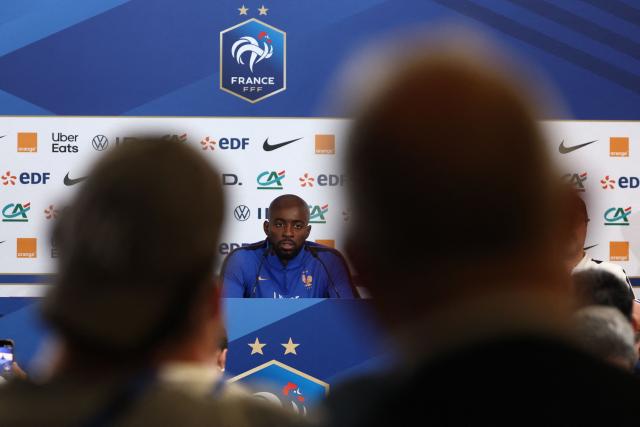 France's forward #22 Jean-Philippe Mateta gives a press conference at Bentley University, the team's base camp, during the 2026 World Cup football tournament in Boston on June 12, 2026. (Photo by FRANCK FIFE / AFP)