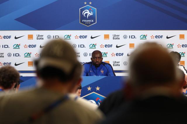 France's forward #22 Jean-Philippe Mateta gives a press conference at Bentley University, the team's base camp, during the 2026 World Cup football tournament in Boston on June 12, 2026. (Photo by FRANCK FIFE / AFP)