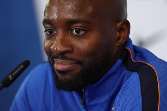 France's forward #22 Jean-Philippe Mateta gives a press conference at Bentley University, the team's base camp, during the 2026 World Cup football tournament in Boston on June 12, 2026. (Photo by FRANCK FIFE / AFP)